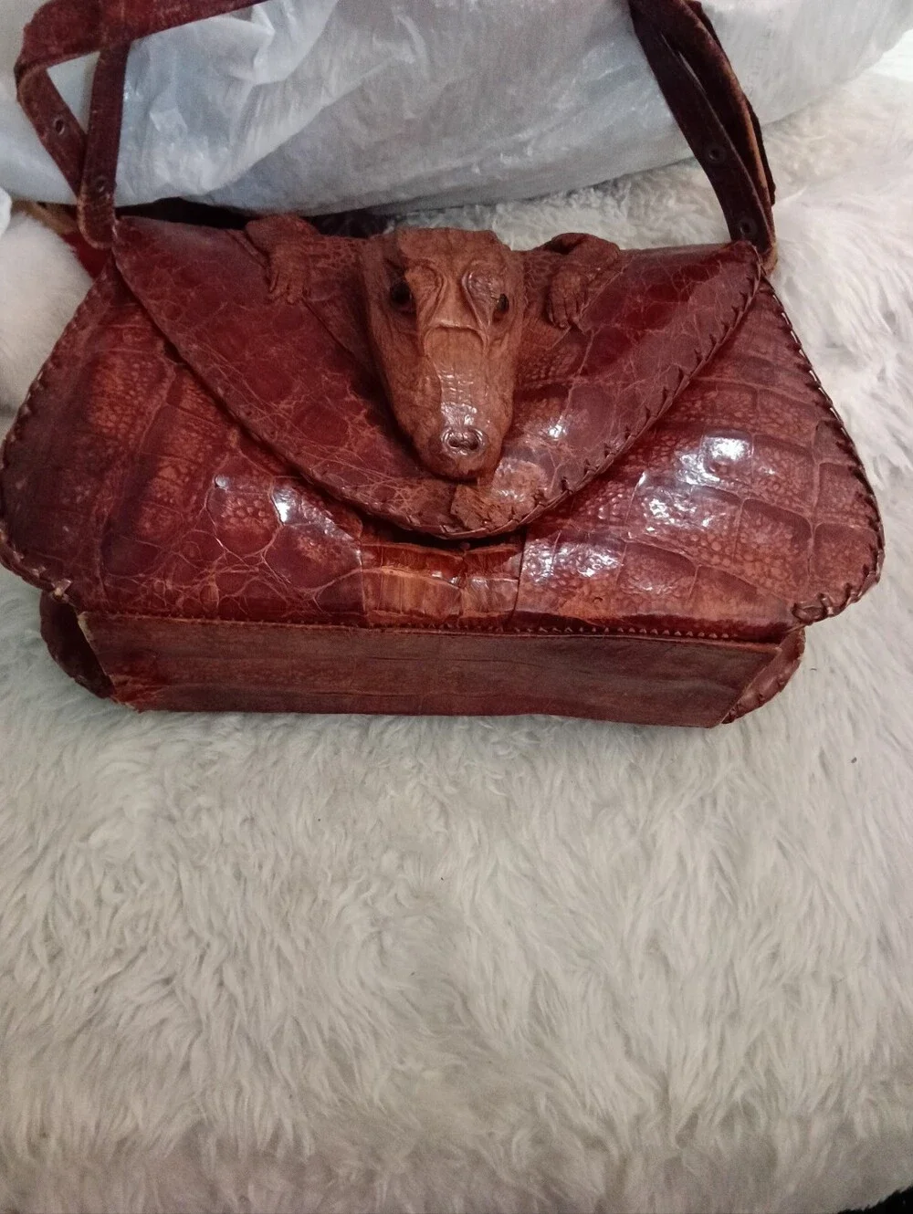 Vtg. Genuine Taxidermy Alligator-Embossed Boho Leather Shoulder Bag - Picture 1 of 10